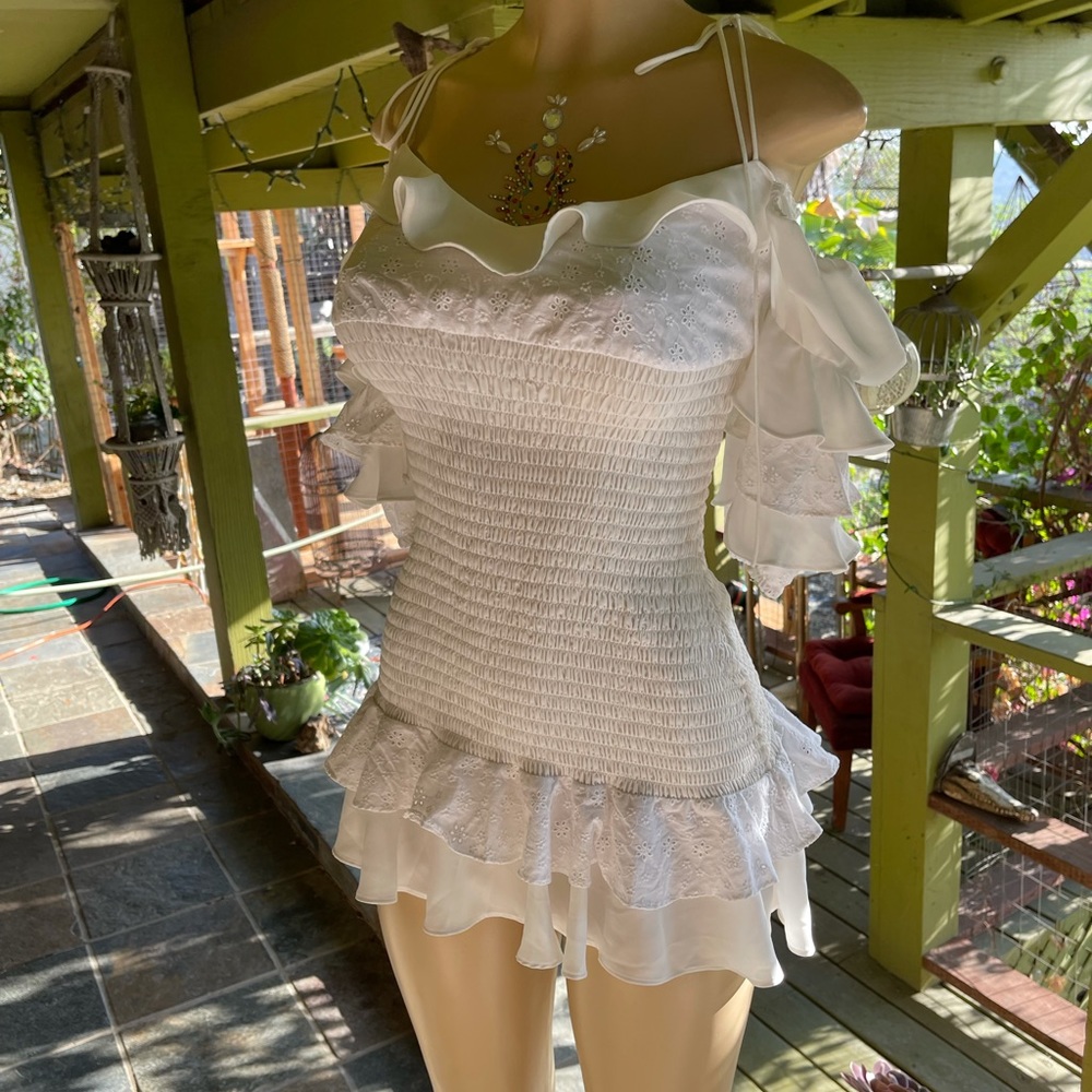 For Love & Lemons White smocked mini dress NWOT